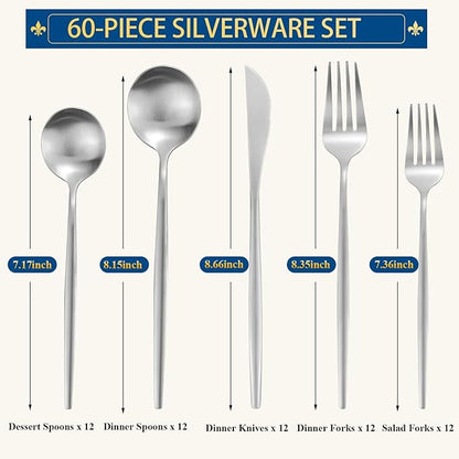 Silverware Set for 12, 60 Piece Flatware Set, Cutlery Tableware set Include Spoons And Forks Set, Stainless Steel Utensil Set, Matte polished Finish, Dishwasher Safe