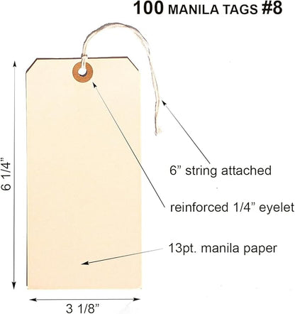 100 Large Manila Paper Tags with String Attached - # 8, 6 1/4" x 3 1/8" - Shipping Tags with String for Labeling, Blank Hang Labels with Ties