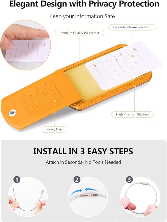 Luggage Tag with Tracker (iOS Only), Premium PU Leather Luggage Tags for Suitcase, Privacy Cover & ID Card Slot, Stainless Loop for Travel Bags, Backpack, Pet Carrier, Ideal Gadgets (Orange)