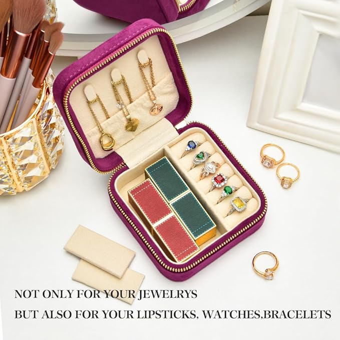 TAIMY Travel Jewelry Case, Small Plush Velvet Jewelry Box for Women and Girls, Portable Jewelry holder organizer for Rings Earrings Necklaces Bracelets(Midnight Purple)