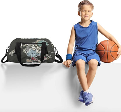 Cool Human Skeleton Skateboard Gym Duffle Bag for Kids,Sports Bag for Teens Boys & Girls Small Waterproof Overnight Weekender Carry School Practice Travel Bag