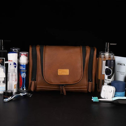 MIRASON Travel Toiletry Bag, Hanging Toiletry Bag for Men, Leather Travel Shower Bag for Toiletries Dopp Kit Bathroom Bag with Metal Hook, Gift for Men (Brown)