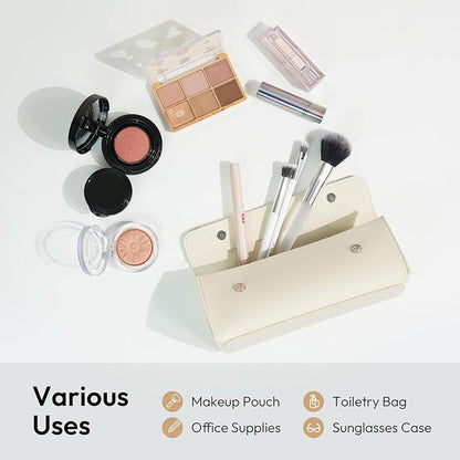 carrotez Stylish PU Leather Makeup Bag: Versatile Travel Toiletry Bag & Cosmetic Pouch, Small Makeup Organizer for Purse Essentials - Ideal Makeup Brush Holder & Sunglasses Case for Women - Cream