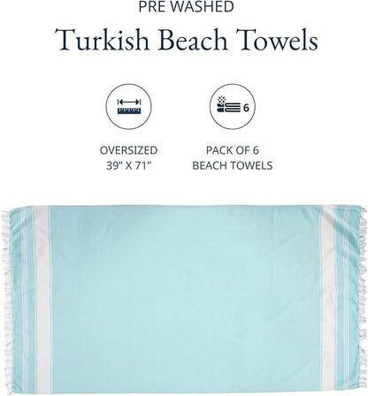 LANE LINEN Pool Towels, Turkish Beach Towels Oversized Set of 6, Pre-Washed, No Shrink, Quick Dry Travel Towel, Beach Towel for Women, Absorbent & Sand Free Towel, 39"x71" - Summer Color