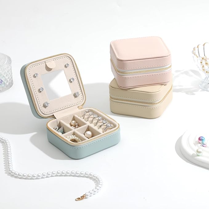 Genuine Leather Travel Jewelry Case Organizer with Mirror for Women, Small Jewelry Box Portable Mini Jewelry Case for Earring, Ring, Necklace, Bracelet（Caviar Grain Light Yellow）