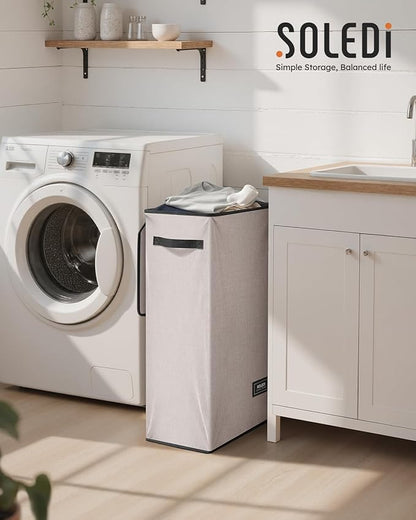 SOLEDI Slim Laundry Hamper with Lid, Narrow Laundry Basket with Removable Bags, Dirty Clothes Hamper with handle, Small Hamper perfect for Laundry room, Bathroom, Bedroom, Small spaces.Light taupe