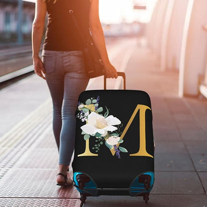 Flower Letter M Black Luggage Cover Elastic Washable Stretch Suitcase Protector Anti-Scratch Travel Suitcase Cover for Kid and Adult L (25-28 inch suitcase)