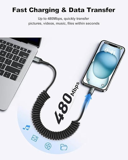 KIYODA USB A to USB C Cable 3FT/6FT, Coiled USB C Cable for Car, 66W USBC Cable Fast Charging 3A USB C iPhone Cable Compatible with iPhone 17/16/15/Samsung Galaxy S20 S10 Plus and More USB C Devices