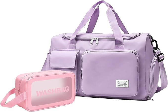 Gym Bag for Women Men, Travel Duffle Bag Large Capacity Carry On Weekender Bag With Shoe Compartment Gym Tote Dry Wet Separation Duffel Bag with Makeup Bag, Purple