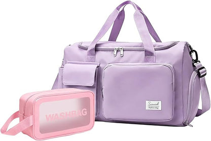 Gym Bag for Women Men, Travel Duffle Bag Large Capacity Carry On Weekender Bag With Shoe Compartment Gym Tote Dry Wet Separation Duffel Bag with Makeup Bag, Purple