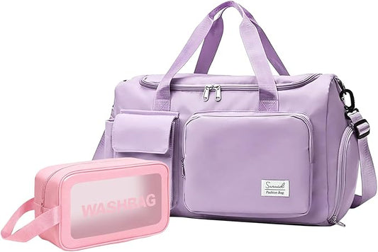 Gym Bag for Women Men, Travel Duffle Bag Large Capacity Carry On Weekender Bag With Shoe Compartment Gym Tote Dry Wet Separation Duffel Bag with Makeup Bag, Purple