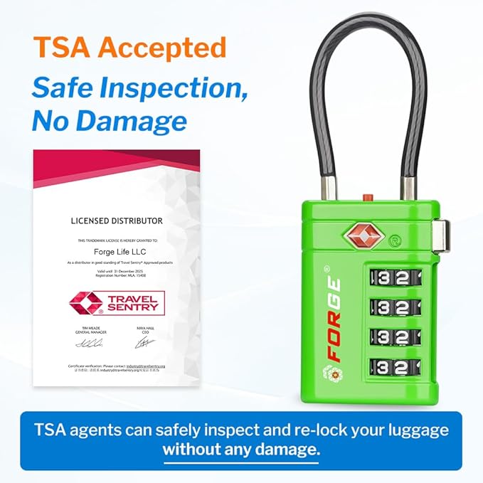 Forge TSA Approved Luggage Locks 4 Digit Combination TSA Travel Locks with TSA008, Open Alert Indicator, Zinc Alloy Body for Luggage, Suitcase, Backpack, and More. Green 4 Locks.