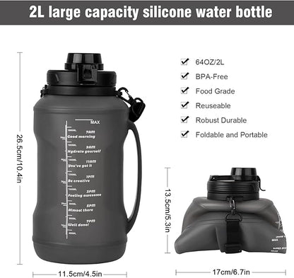 Collapsible Water Bottles, 2L/64OZ travel water bottle Bottle with Straw, Half Gallon Large Water Bottle for Travel Outdoor Sports Runing Fitness Yoga (Upgraded black)