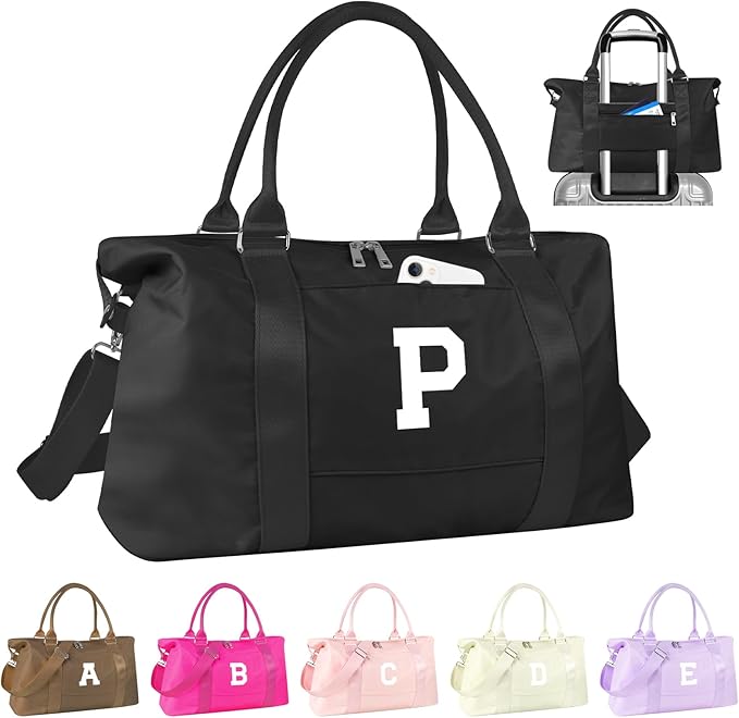 Initial Travel Duffel Bag Sports Gym Bag for Boys Teen Birthday Gifts,Black Personalized Weekender Bag Carry On Tote Bags for Men,Waterproof Overnight Luggage Bag Airplane Travel Essentials(Letter P)