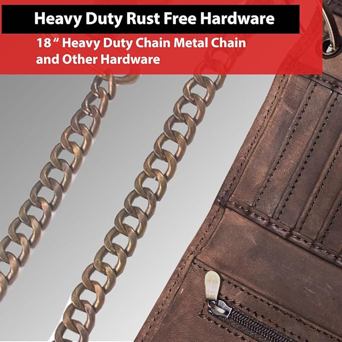 IBRO VINTAGE Motorcycle Chain Wallet for Men – Premium Cowhide Leather, RFID Tri-Fold Biker Wallet with Heavy Duty Chain for Bikers Truckers & Hunters, Credit Card Money Organizer Long Wallet
