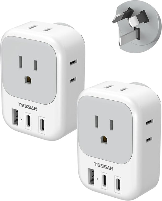 Australia Plug Adapter 2 Pack, TESSAN New Zealand Power Adapter with 4 Outlets 3 USB (2 USB-C), Type I Travel Adaptor for US to Australian Argentina China Fiji Samoa Tonga Kiribati