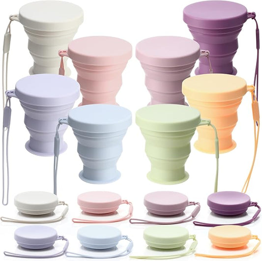 8 Pcs Silicone Collapsible Travel Cup Foldable 7 oz Camping Cups with Lids, Reusable Expandable Portable Drinking Mugs for Outdoor Hiking Camping and Travel(Macaron Colors)