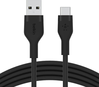 Belkin BoostCharge Flex Silicone USB-A to USB-C Cable (2M/6.6ft) for iPhone 16, iPhone 16 Pro, Galaxy S25, S24, Note, Pixel 9 & 8, Nintendo Switch 2, Carplay & More with Cable Clip - Black