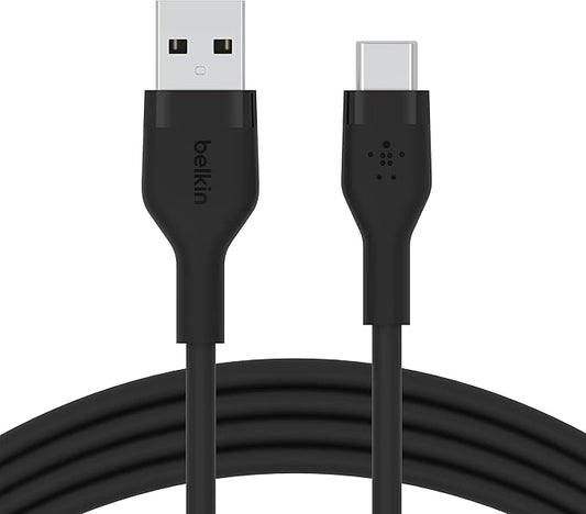Belkin BoostCharge Flex Silicone USB-A to USB-C Cable (2M/6.6ft) for iPhone 16, iPhone 16 Pro, Galaxy S25, S24, Note, Pixel 9 & 8, Nintendo Switch 2, Carplay & More with Cable Clip - Black