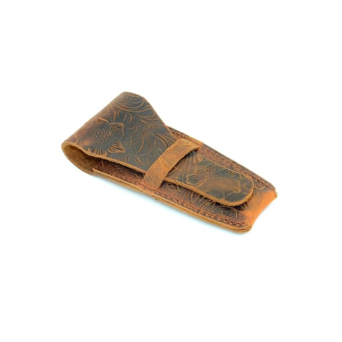 JJNUSA Old Fashioned Sleeve Travel Pouch Leather Safety Razor Case, Double Edge Razor 4.5", Shaving Accessories, Personal Care Essentials, Men's Shaving Razor Flower brown
