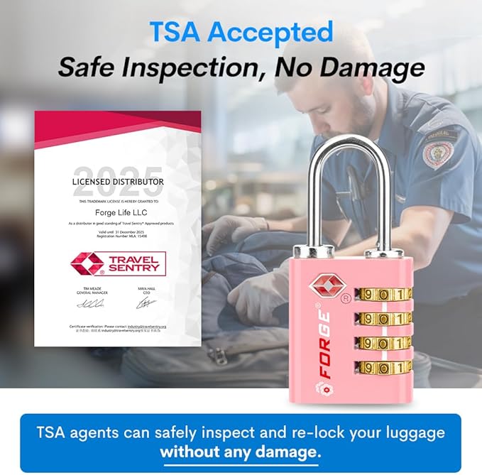Forge Dual-Opening: Key or Combination Access Lock, TSA Approved Locks for Luggage, Pelican case, Travel, Gym, School, Stainless Steel Shackle. (Pink, 2 Pk)