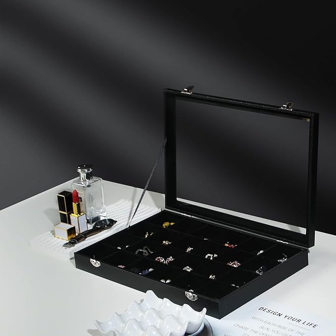 Coward Jewelry Organizer Box, Black Velvet 24 Grids Ring Earring Jewelry Display Tray Case with Transparent Glass Lid for Home Drawer or Shop Selling