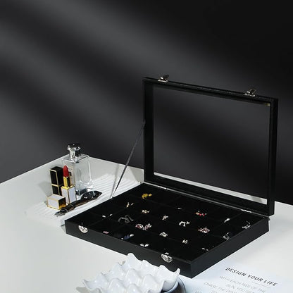 Coward Jewelry Organizer Box, Black Velvet 24 Grids Ring Earring Jewelry Display Tray Case with Transparent Glass Lid for Home Drawer or Shop Selling