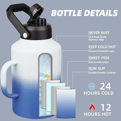 BJPKPK 1 Gallon Water Bottle with Handle, Large Dishwasher Safe 128oz Insulated Water Bottle, BPA Free Water Jug, Wide Mouth Metal Flasks with Anti-slip Bottom, Keep Cold & Hot,Sky