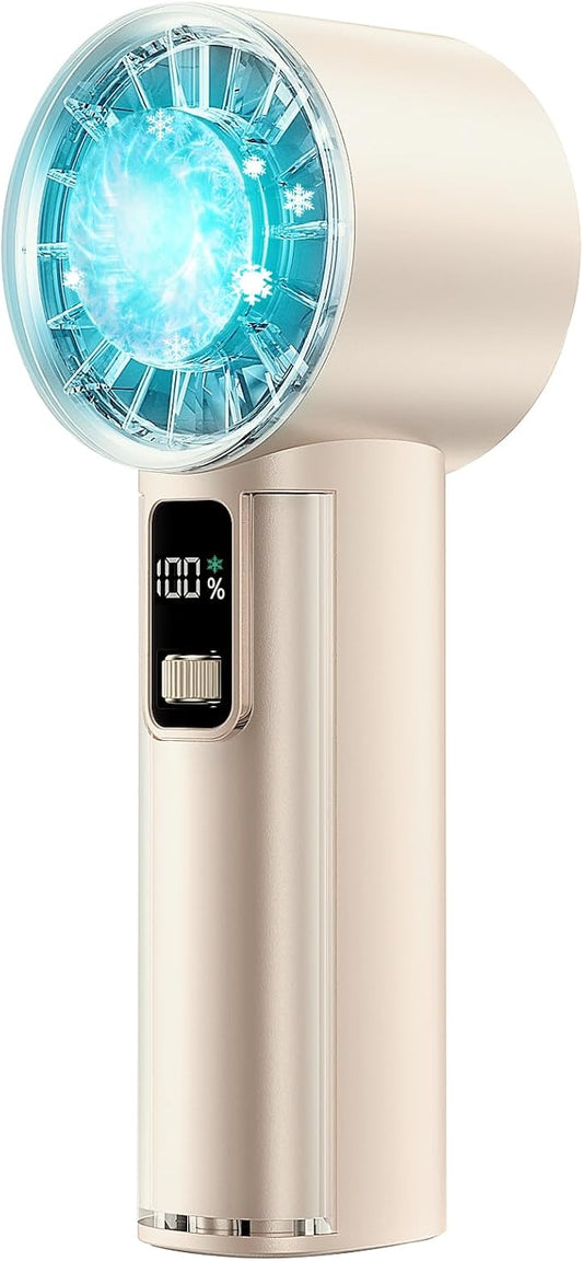 PANERGY High Speed Handheld Fan with Ice Cooler,1-100 Speed Adjustable Mini Turbo Fan, 4000mAh Battery Rechargeable & Digital Display,Gifts for Women Men Travel/Office/Beach/Camping(Beige)