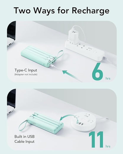 VRURC Portable Charger 20000mAh, Built-in Cables Fast Charging Power Bank, PD QC 3.0 Travel Essentials Battery Pack, 4 Output & 2 Input Phone Charger for iPhone16 15 14 13 X, Samsung, Android-Green