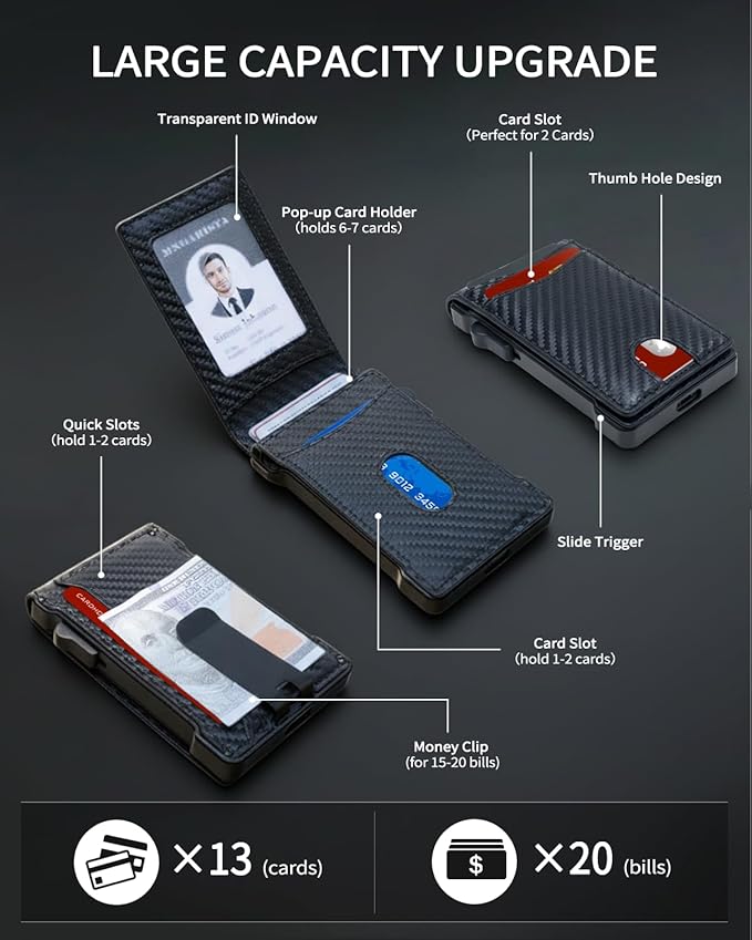 MNGARISTA Wallet for Men,Slim Minimalist Bifold Wallet with RFID Blocking,Pop-Up Credit Card Holder with ID Window & Money Clip,Magnetic Flip Metal Wallet for 11-13 Cards,Gifts for Men-Carbon Fiber