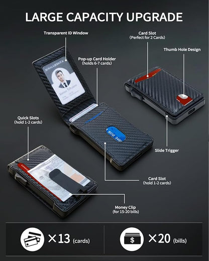 MNGARISTA Wallet for Men,Slim Minimalist Bifold Wallet with RFID Blocking,Pop-Up Credit Card Holder with ID Window & Money Clip,Magnetic Flip Metal Wallet for 11-13 Cards,Gifts for Men-Carbon Fiber