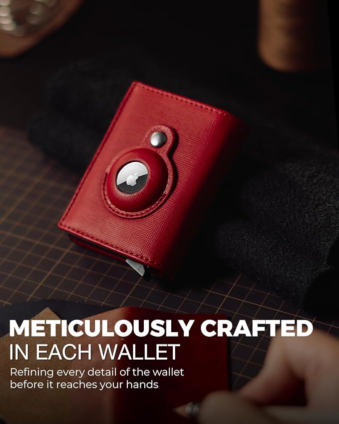 Jenoss Smart AirTag Wallet for Men & Women: Full Grain Leather, Black Pop Up Case, Slim, RFID Blocking, Credit Card Holder Apple Air Tag Tracker Trifold Minimalist 12 Slot ID (Red & Black)