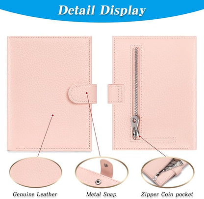 Passport Holder for Travel Women RFID Blocking Genuine Leather Passport Wallet with Card Slots, Zipper Coins Pocket, Cash Holder, Pink