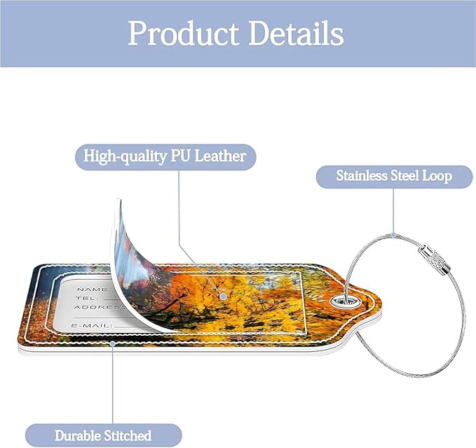 Funny PU Leather Luggage Tags 2-Pack Suitable for Suitcase Stainless Steel Loop and Address Card Essential with Cruise and Airport Travel Fallen Leaves in Autumn Cute Pattern