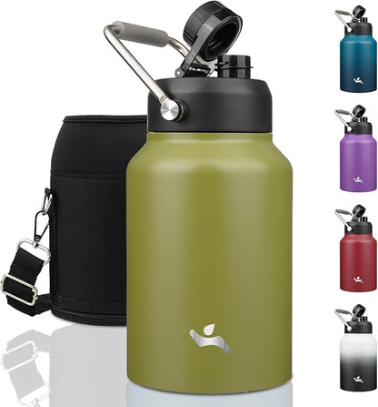 Half Gallon Jug with Handle,64 oz Insulated Water Bottle with Carrying Pouch,Double Wall Vacuum Stainless Steel Metal Bottle,Forest Green