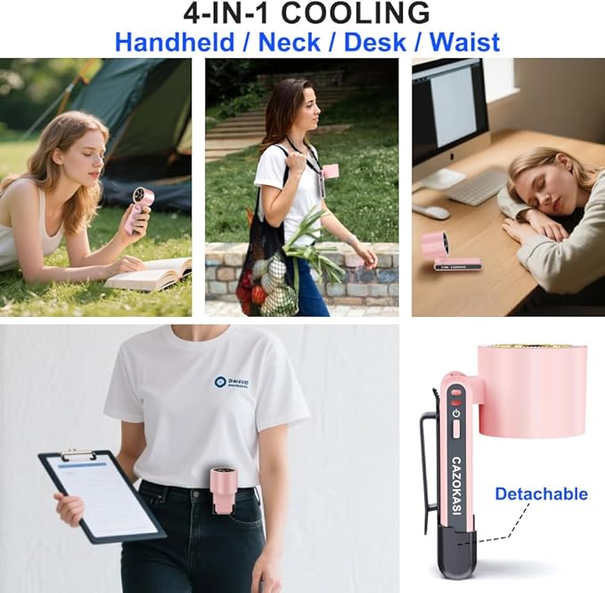 CAZOKASI Rechargeable Strong Wind Handheld Fan With Ambient Lighting 4 IN1 5000mAh Upto 22H For Desktop Waist Clip Neck (StrongWind/Pink)