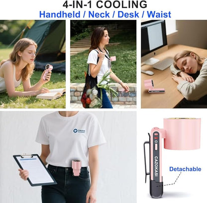 CAZOKASI Rechargeable Strong Wind Handheld Fan With Ambient Lighting 4 IN1 5000mAh Upto 22H For Desktop Waist Clip Neck (StrongWind/Pink)