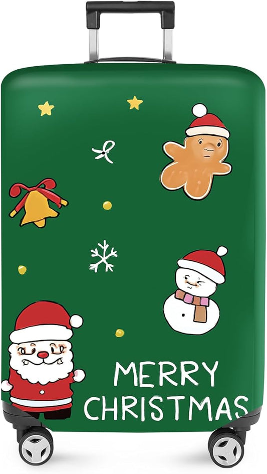 ANNA QUEEN Merry Christmas Luggage Cover, Holiday-Themed Protector with Santa, Gingerbread & Snowman, Stretchable & Washable Travel Sleeve for 20-34 Inch Luggage