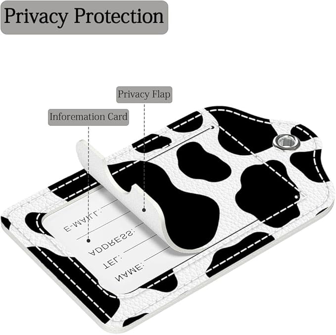 Funny PU Leather Luggage Tags 2-Pack Fantasy Cow Skin Cute Pattern Suitable for Suitcase Stainless Steel Loop and Address Card Essential for Cruise and Airport Travel for Men and Women