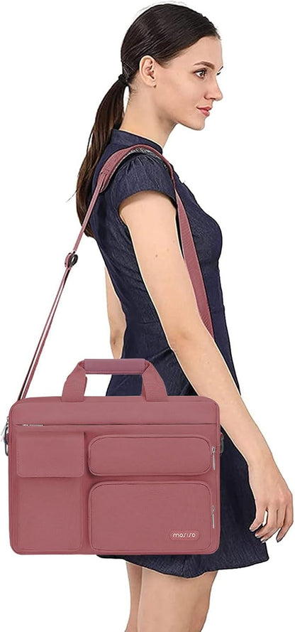 MOSISO Laptop Shoulder Bag 15.6 inch, 15-15.6 inch Computer Bag Compatible with MacBook Pro 16 inch, HP, Dell, Lenovo, Notebook with 2 Raised&1 Flapover&1 Horizontal Pocket&Handle&Belt, Dusty Rose