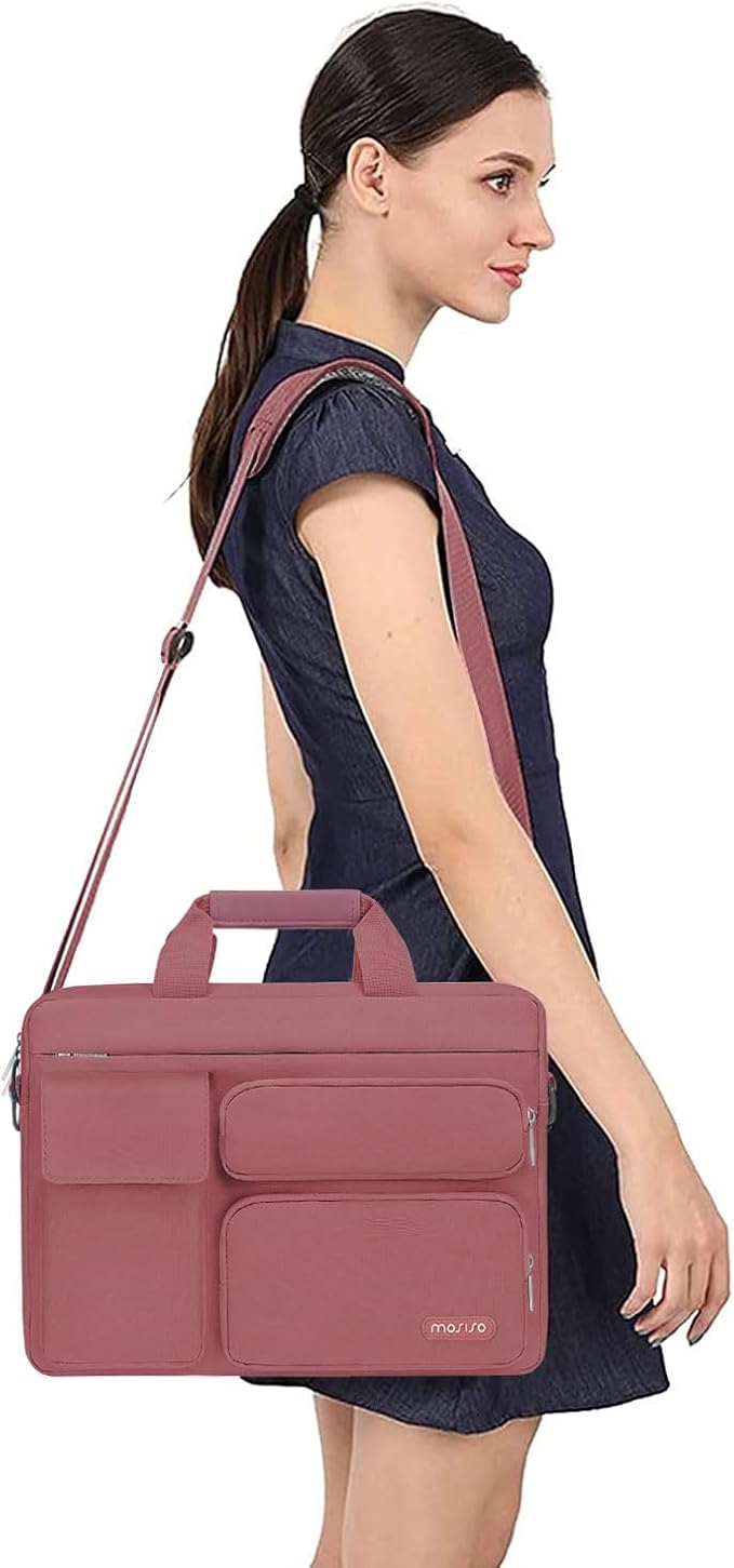 MOSISO Laptop Shoulder Bag 13.3 inch, 13-14 inch Computer Bag Compatible with MacBook Air/Pro 13 / Pro 14, HP Dell ASUS Lenovo with 2 Raised&1 Flapover&1 Horizontal Pocket&Handle&Belt, Dusty Rose