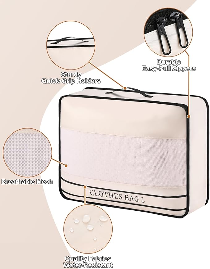 9 Set Packing Cubes Luggage Packing Organizers for Travel Accessories Space Saving Travel Bags for Carry On, Lightweight Mesh Zipper, Clothes, Shoes, Laundry and Shoe Bag, Suitcases (Cream)