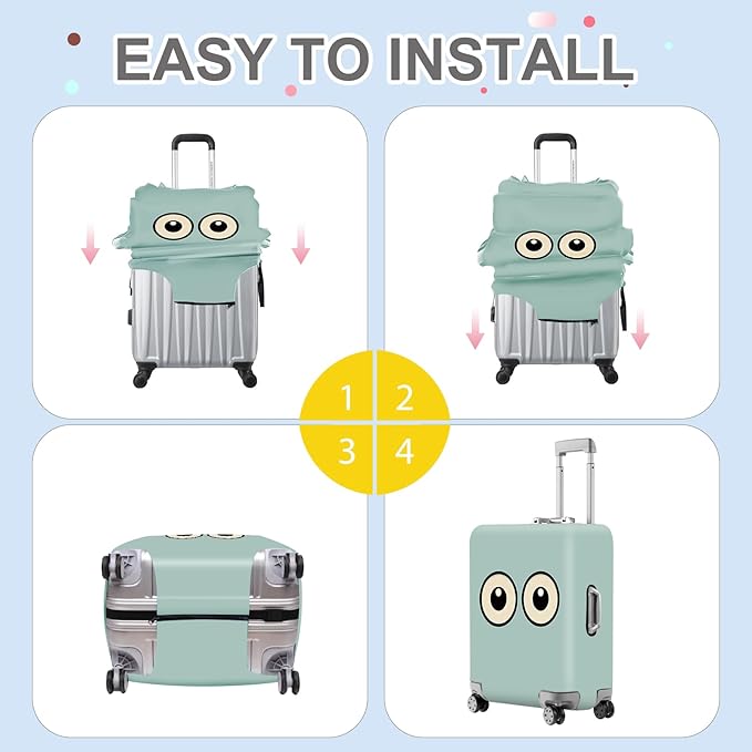 ANNA QUEEN Funny Cartoon Eyes Luggage Cover, Teal Suitcase Protector with Cute Big Eyes Design, Travel Suitcase Cover for 28-30 Inch Luggage, Stretchable & Washable Spandex Travel Accessories