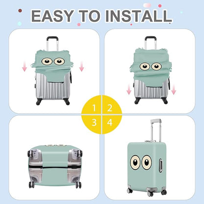 ANNA QUEEN Funny Cartoon Eyes Luggage Cover, Teal Suitcase Protector with Cute Big Eyes Design, Travel Suitcase Cover for 32-34 Inch Luggage, Stretchable & Washable Spandex Travel Accessories