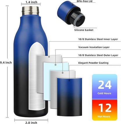 BJPKPK Insulated Water Bottle, 18 oz Stainless Steel | Leak Proof | Blue Black | Pack of 2 | For Sports & Travel