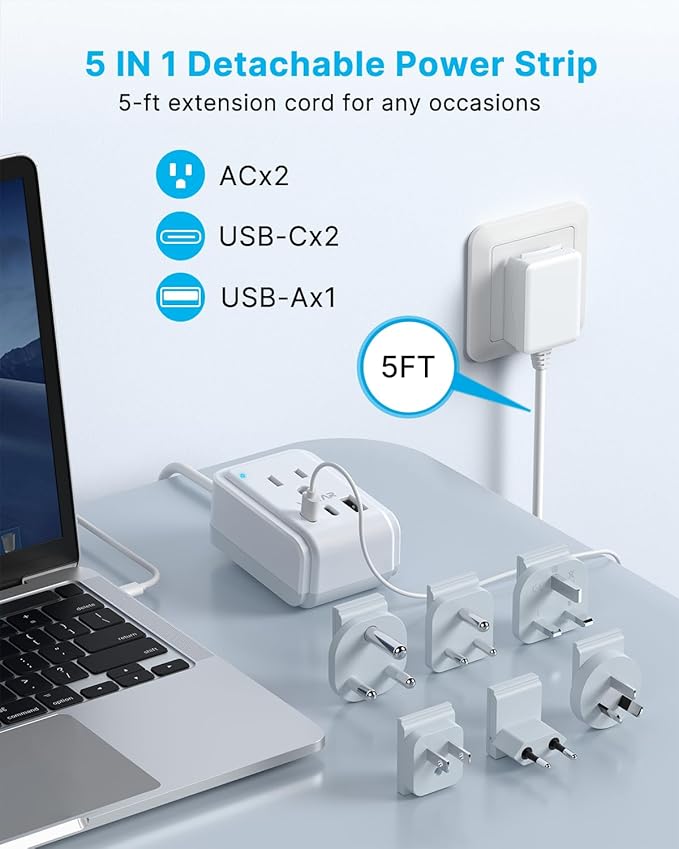 VINTAR Universal Travel Adapter Kit, 5ft Detachable Extension Cord with 2 AC Outlets & 3 USB(2 USB C), Type A/C/G/D/I/M International Power Adaptor for US to Europe UK India South Africa Japan