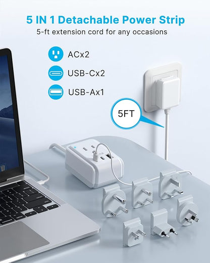 VINTAR Universal Travel Adapter Kit, 5ft Detachable Extension Cord with 2 AC Outlets & 3 USB(2 USB C), Type A/C/G/D/I/M International Power Adaptor for US to Europe UK India South Africa Japan