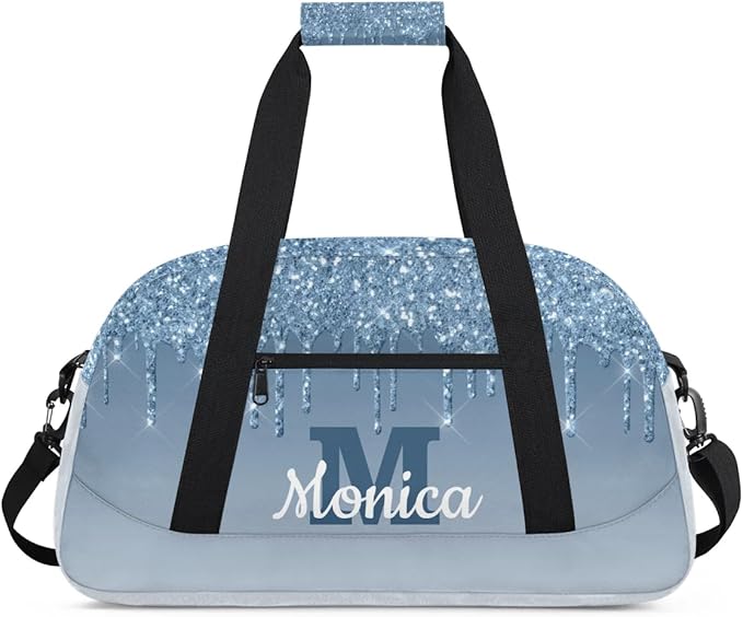 Personalized Kids Sports Duffel Bag with Name Custom Weekender Overnight Bag for Boys Girls Gym Bag Travel Dance Gymnastics Duffel Bag, Cyan Glitter