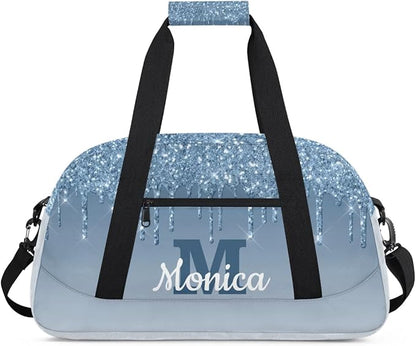 Personalized Kids Sports Duffel Bag with Name Custom Weekender Overnight Bag for Boys Girls Gym Bag Travel Dance Gymnastics Duffel Bag, Cyan Glitter